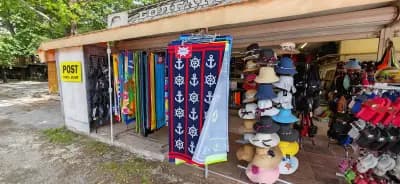 Beach Shop, Post Stamps Cards, hats, slippers, magnets